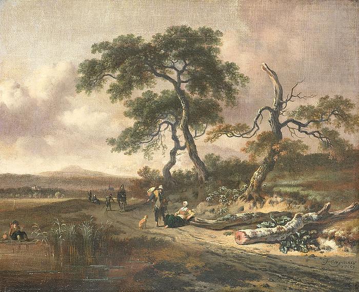 Landscape with pedlar and resting woman., Jan Wijnants